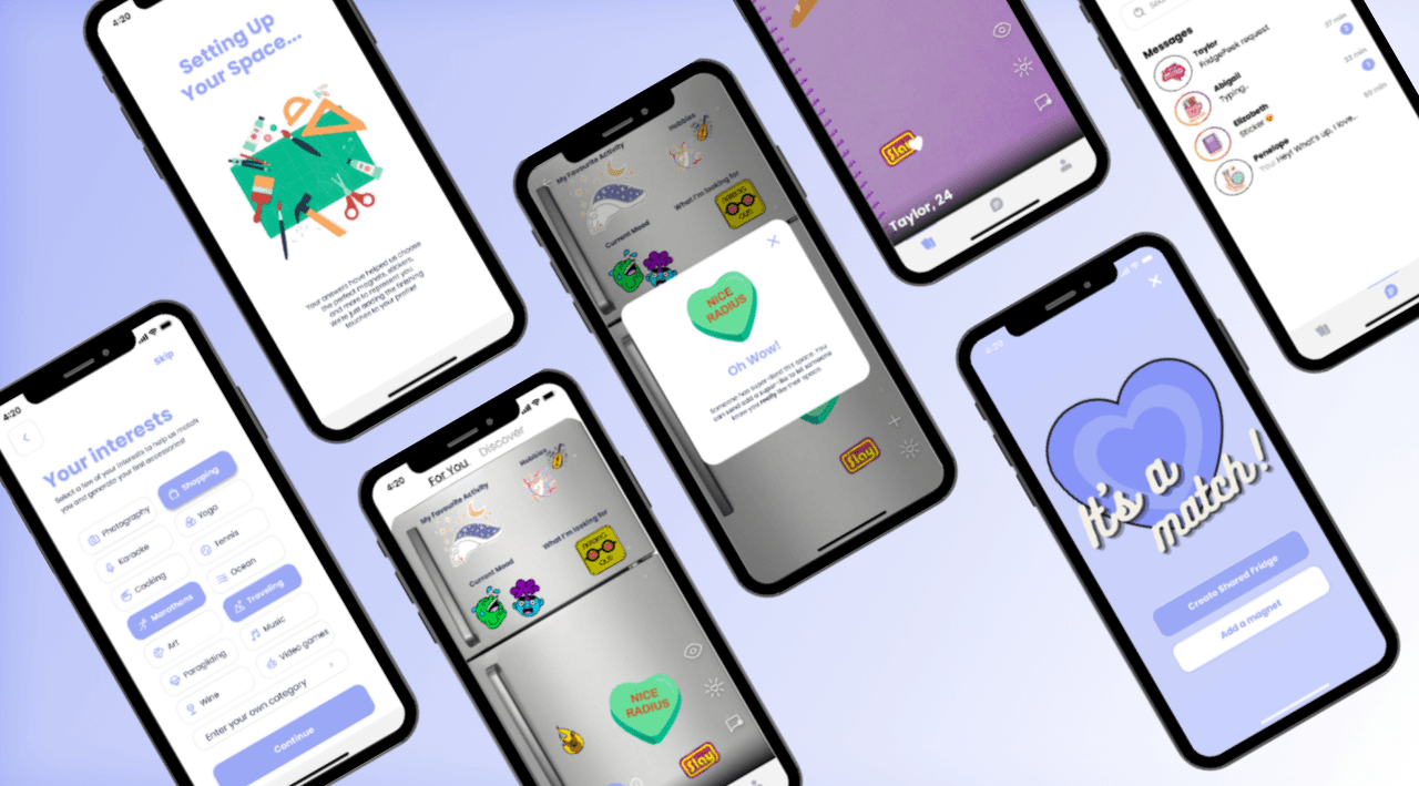 Dating app screens with a heart-shaped “It’s a match” illustration