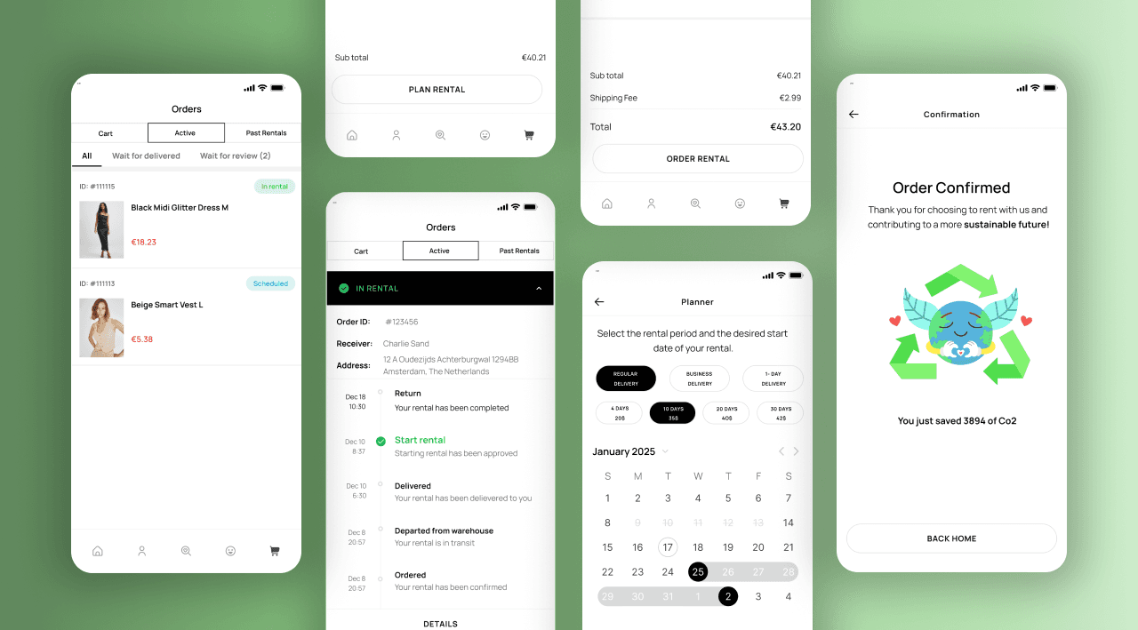 Clothing rental app screens: orders, rental planner and an order confirmation showing CO2 saved