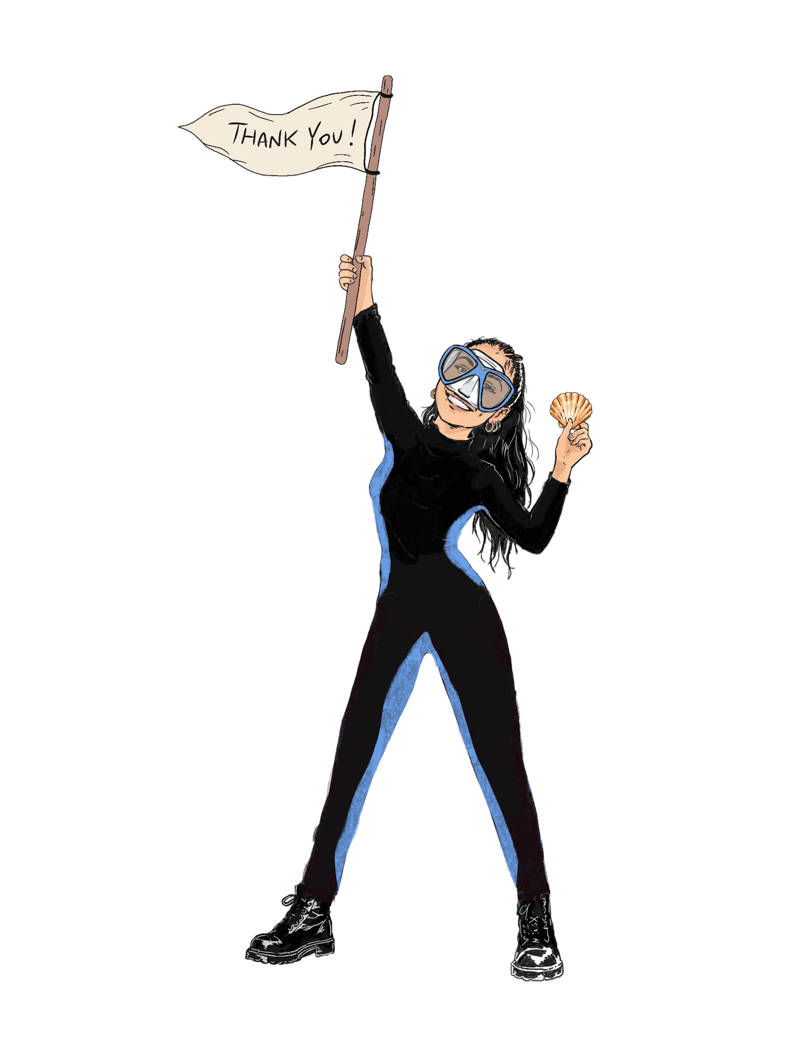 Illustration of Elisa in a diving mask, holding a seashell and waving a “Thank you!” flag