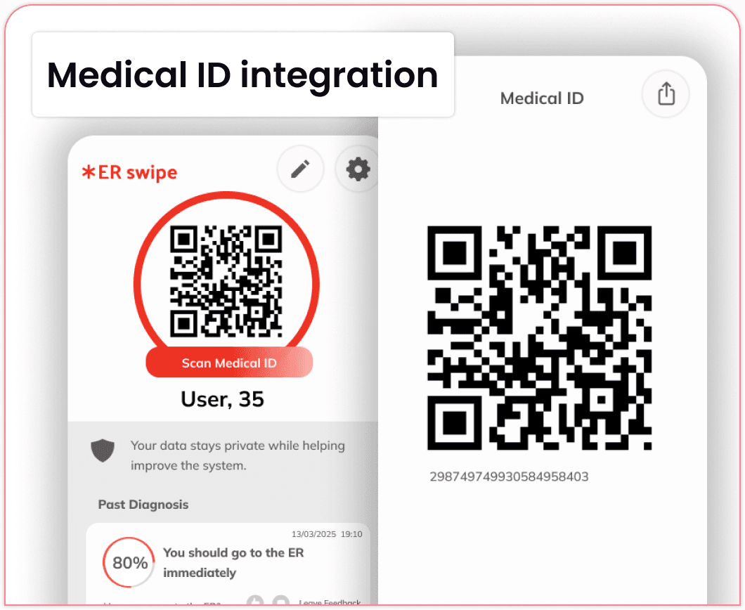 Medical ID screen with a QR code and previous diagnoses