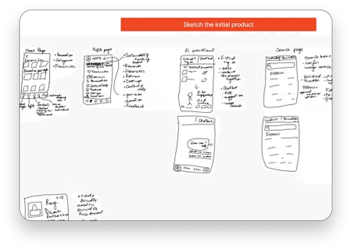 Hand-drawn low-fidelity screen sketches